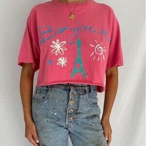 90s vintage pink bonjour paris travel souvenir cotton cropped tee shirt crop top